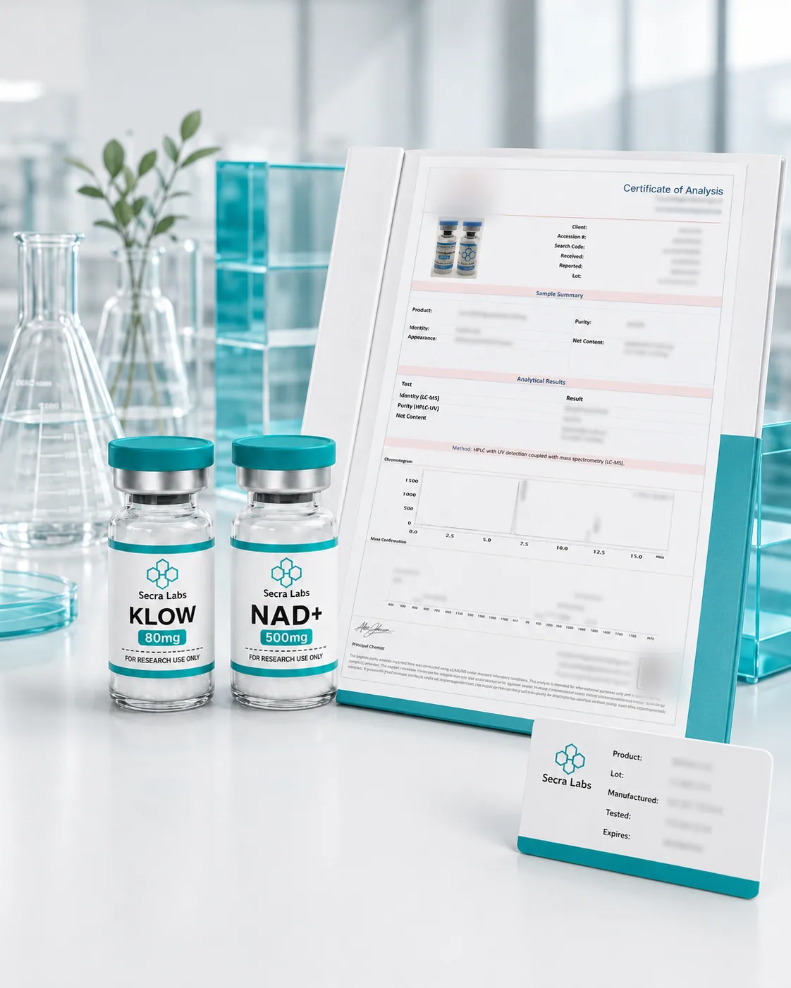Secra Labs research materials beside laboratory documentation